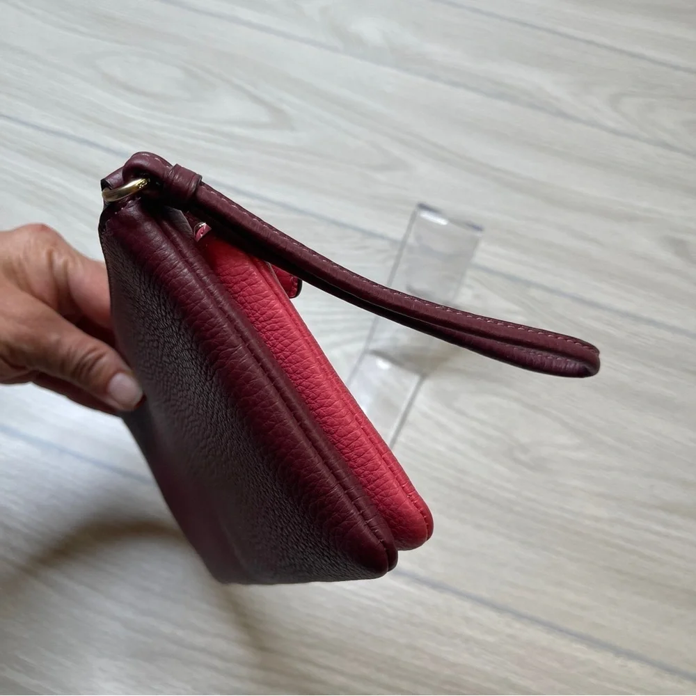 Coach Double Zip Pouch Wristlet Pebbled Leather Pink Maroon (Watermelon/Wine)